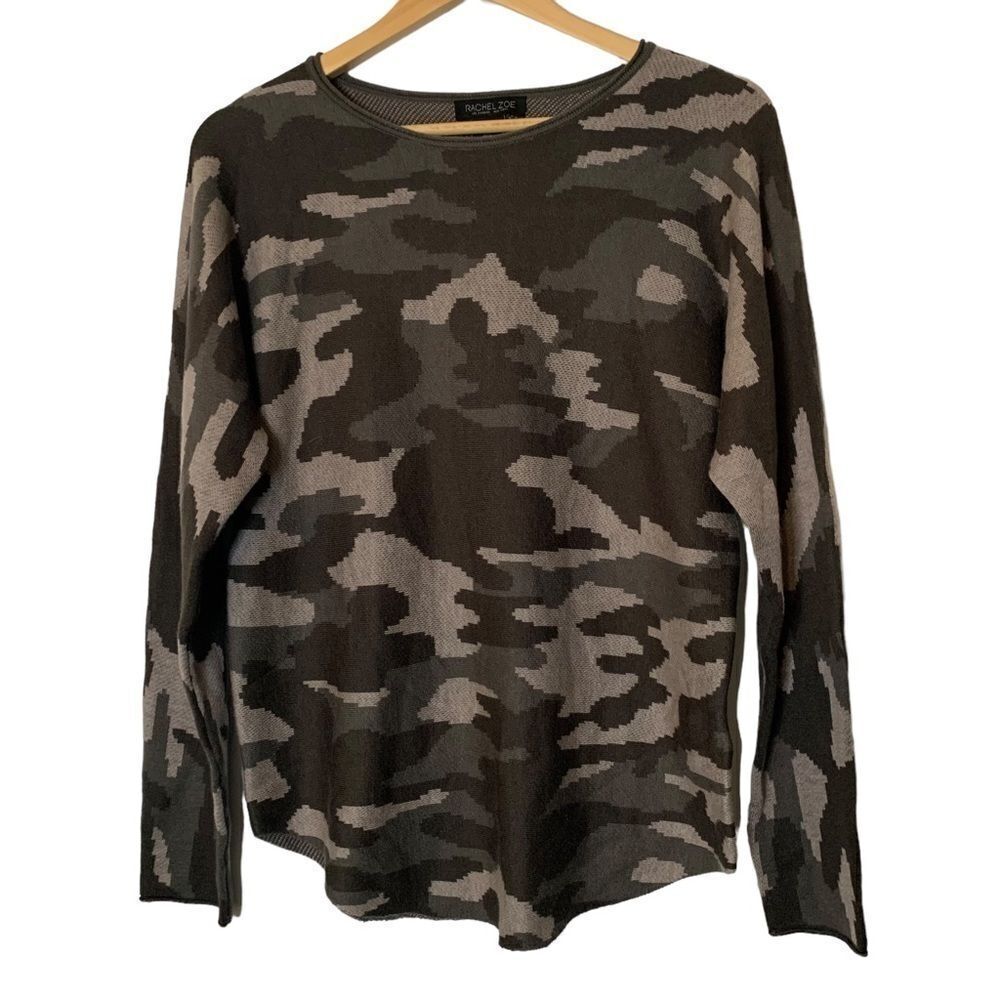 Rachel Zoe Olive Camouflage Rounded Hem Cozy Soft Sweater Sz M